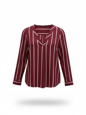 Forever 21 Striped Burgundy V-Neck Long Sleeve Blouse